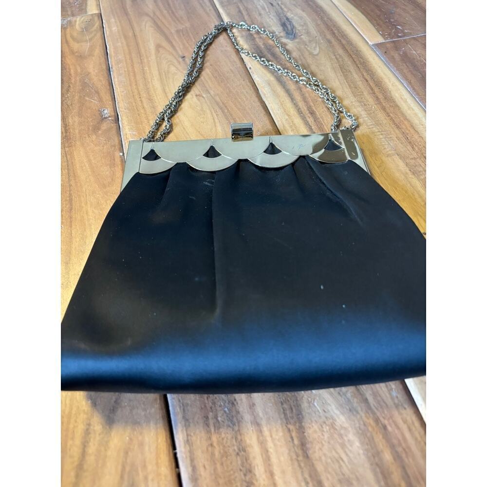 Vintage Harry Levine Handbag Black Satin Scallop Satchel Chain Strap Purse